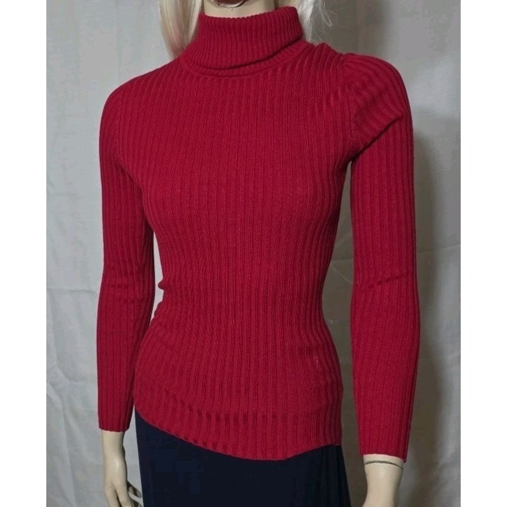 Y2K 2000s Fitted Ribbed Sweater Long Sleeve Turtleneck Fairy Grunge Size L‎ Red